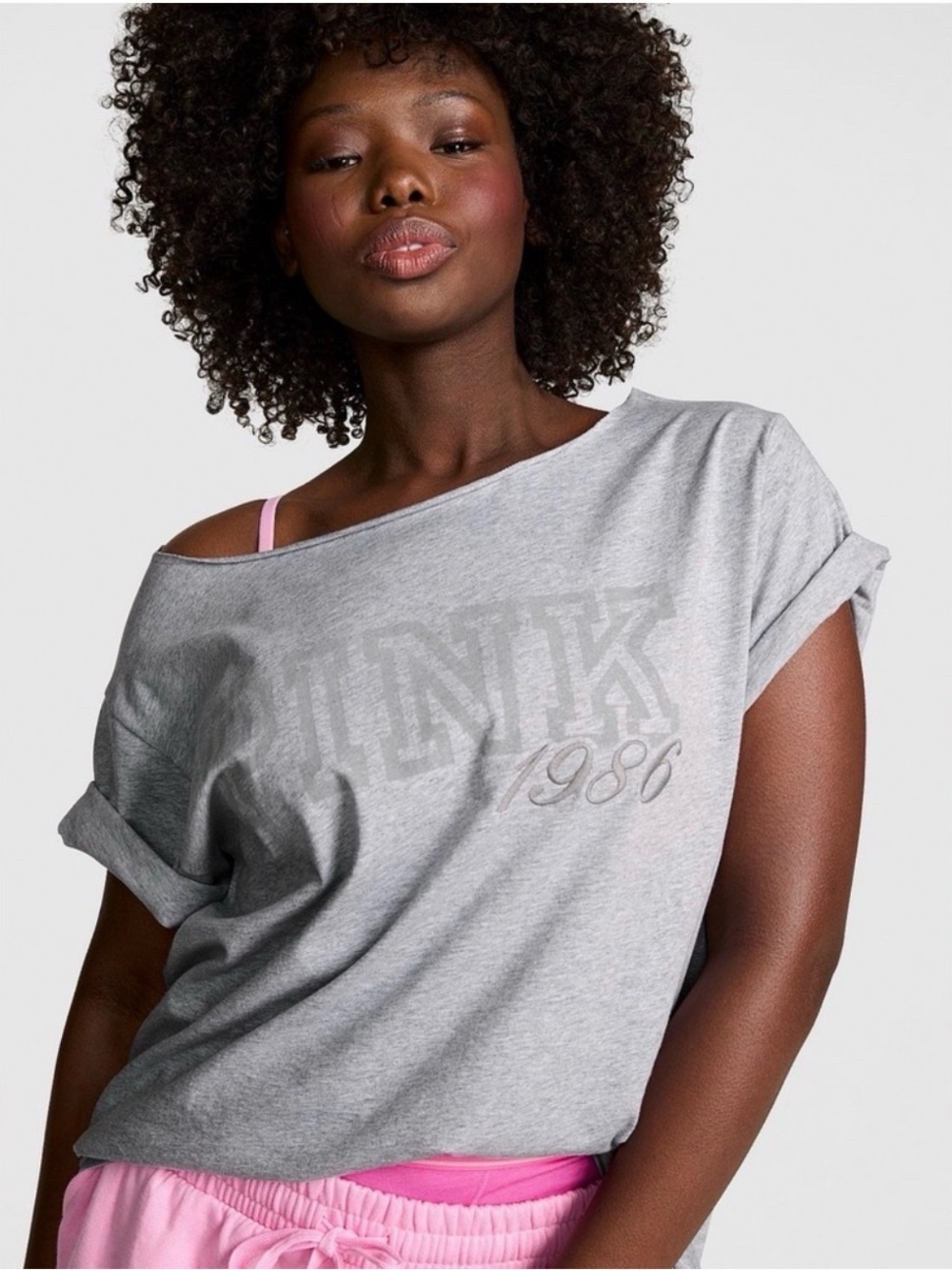 PINK Victoria's Secret Off-Shoulder Heather Gray Logo Tee